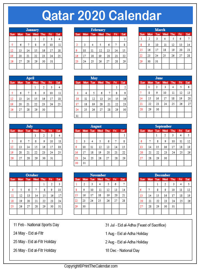 Qatar Printable Calendar 2020
